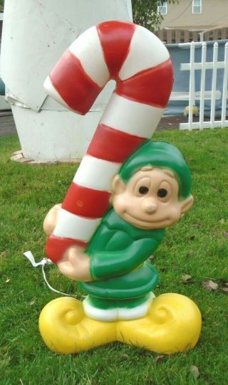 Vintage General Foam Plastics Christmas Elf W Candy Cane Blow Mold Lighted 32 "