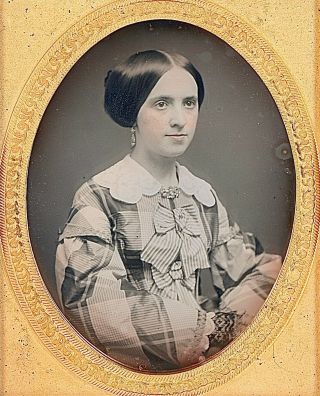 Pretty Young Lady Wearing Plaid Dress With Bows 1/9 Plate Daguerreotype F559
