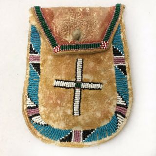 Vtg Native American Indian Beaded Doeskin Pouch Bag,  Handmade,  Period Repair