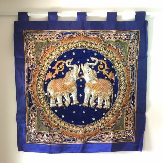 Wall Hanging Vintage Thai Burmese Kalaga Tapestry Embroidered Bead Elephant Blue