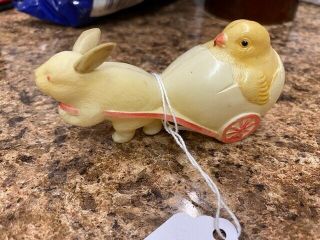Vintage Celluloid Easter Toy Bunny Rabbit Pulling Chick In Egg Japan