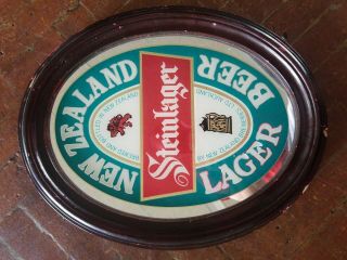 Zealand Steinlager Beer Bar Sign Mirror Wood Frame 14”x 18” Oval