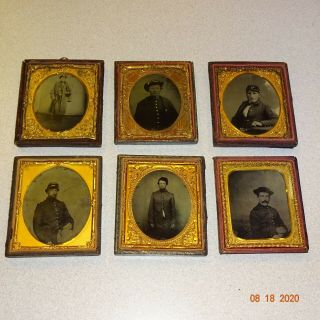 Civil War Soldiers (6) 1/6 Plate Tintype Set Into 1/2 Case