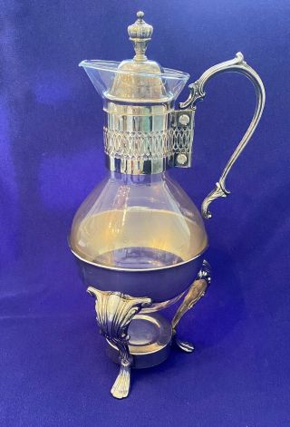 Vintage Glass & Silver Plate Coffee Pot Carafe With Lid & Warming Stand