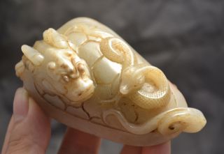 Chinese Sinkiang Jade Dragon Turtles W Snake Totem Statue Carving 211g 9.  5cm