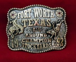 1992☆rodeo Trophy Buckle ☆ Fort Worth Texas All Around Champion Vintage ▪︎456