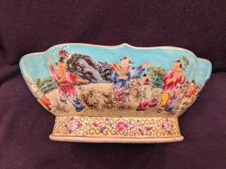Large Chinese Turquoise Glaze Famille Rose Porcelain Bowl With People