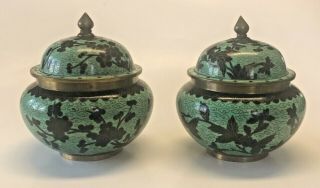 Pair Vintage Chinese Cloisonne Ginger Jars W/lids Green Black Rare Unique