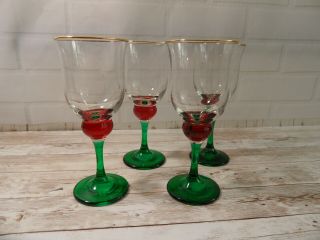 4 X Vintage Tall Green & Red Stemmed 1970s Wine Glasses