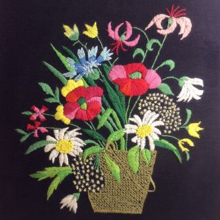 Vintage Crewel Embroidery Flowers Basket Handmade Unframed Colorful Boho 70s