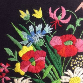 Vintage Crewel Embroidery Flowers Basket Handmade Unframed Colorful Boho 70s 3