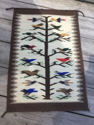 Vintage Native American Navajo Tree Of Life Birds Wool Floor Rug Wall 27”x37”