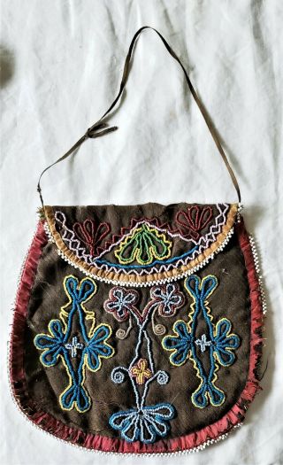 19th C Native American Indian Iroquois Beaded Pouch Bag Purse Northeast Woodland