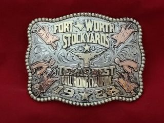 1988☆rodeo Trophy Buckle☆ Fort Worth Texas Bull Riding Champion Vintage▪︎738