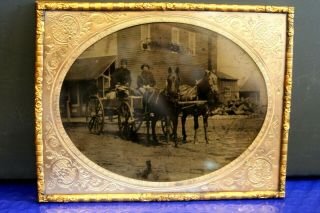 Half Plate Outdoor Tintype Of Two Men In A Wagon,  Town Scene Brass Frame And Mat