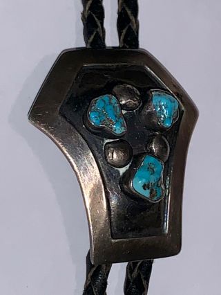 Vintage Navajo Sterling Silver And Turquoise Stones Men’s Bolo Tie -