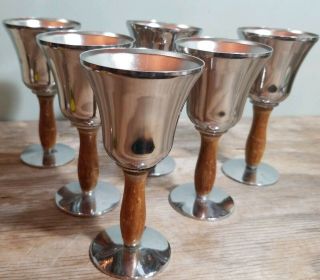 5 " Vintage Wine Glass / Goblet Set Of 6 Silver With Wooden Handles