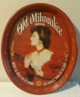 Old Milwaukee Schlitz Beer 15 " Oval Metal Serving Tray Advertising Lady In Red