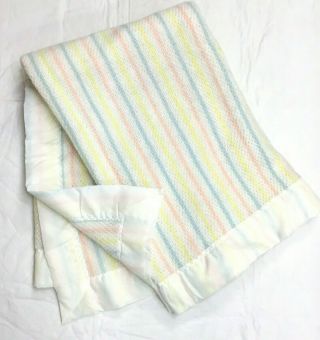 Vtg Waffle Weave Baby Blanket Pink Blue Yellow Pastel Stripe Satin Trim 36x47