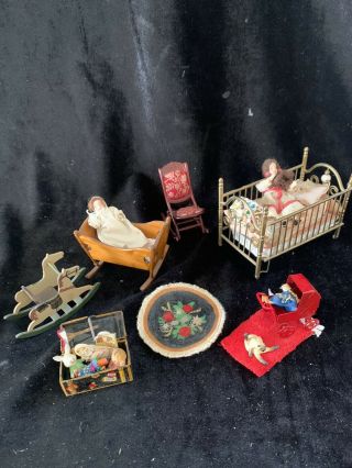 Vtg Doll House 2 Cribs/nursery Foldable Rocker 2 Babies Cat Stroller Horse (d - 1)
