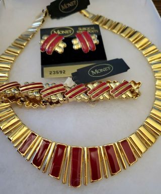 Vtg 80s Nwt Runway Heavy Deco Monet Red Enamel Chocker Necklace Bracelet Earring