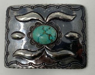 Native American Old Navajo Hand Stamped Sterling Silver Turquoise Belt Buckle