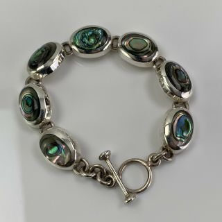 Vtg Taxco Mexican Sterling Silver 7 1/2” Abalone Toggle Link Bracelet 35g