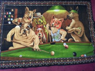 Vintage Tapestry Dogs Playing Pool Euc @@