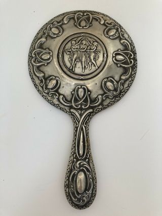 Epns Vintage Hand Held Vanity Mirror 11” Silver Coloured Metal Dressing Table