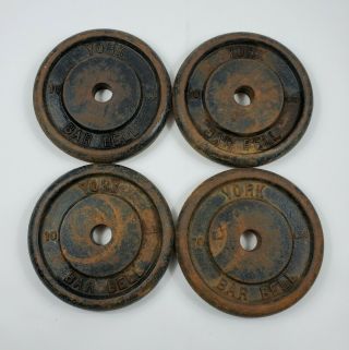 4 Vintage York Barbell Plates 10lb Standard Cast Iron Weights 40lbs Total Vtg