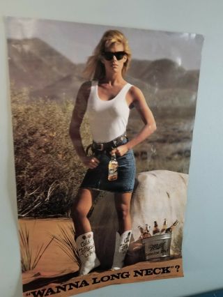 (vtg) Miller Mgd Beer Poster Sign Sexy Girl Cold Filtered Is Hot Cowboy Boots