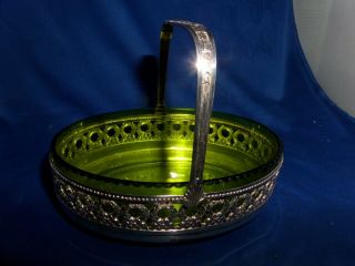 Lovely Sweet Basket C.  1900 Silver Plate & Green Glass
