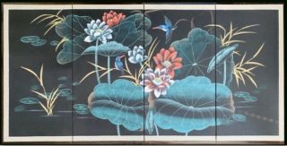 Awesome Japanese Hand Painted 4 Panel Byobu Folding Screen " Blue Birds Flowers