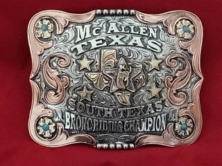 Mcallen Texas Vintage Rodeo Belt Trophy Buckle ☆ Bronc Riding Champion 600