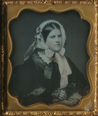 6th Plate Daguerreotype Of A Woman In A Lace Bonnet With Ribbons