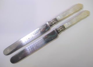 Pair Antique Carved Mother Of Pearl Handle Knives Silver Plated Blades 9 " Long