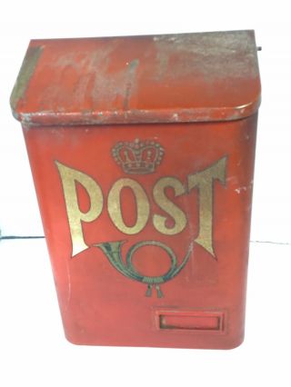 Vintage Swedish Red Metal Post Mail Box Sweden Wall Mount 14 " Great Patina Aged