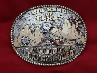 Vintage Rodeo Trophy Belt Buckle Big Bend Of Texas ☆ Calf Roping Champion 690