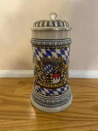 Bayern Coat Of Arms Lithophane W.  German Stein Lion Thumblift Pewter Lid