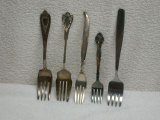 Vintage Assorted Set Of 5 Dessert Forks Silverplated & Stainless Steel Flatware