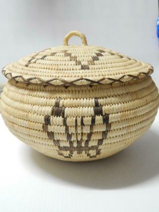 Large Vintage Lidded Papago Indian Pictorial Butterfly Basket,