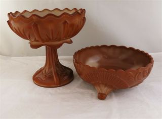 Vintage Chocolate Slag Glass Shell Pattern Bowl & Beaded Cactus Pedestal Compote