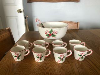 Vintage Josef Originals Ceramic Christmas Punch Bowl Set With 8 Cups & Ladle