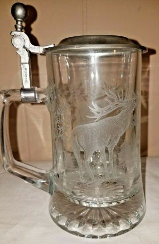 West Germany Alwe Clear Glass Tankard With Pewter Lid Etched Stags Elk & Fluted