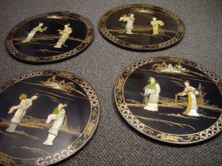 Chinese Round Plaques 4 Mother Of Pearl Lacquered