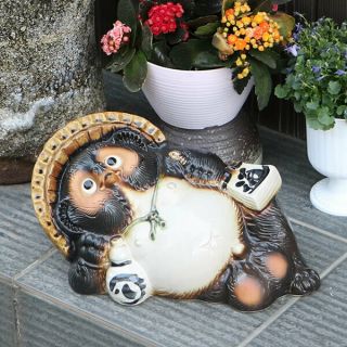 Japanese Shigaraki Yaki Gorone Tanuki Raccoon Dog Lie Down Pottery Lucky Charm