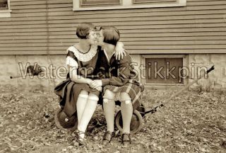 1920s Era Photo Negative Flapper Girl Friend Kiss Hold Hand Romantic Affection