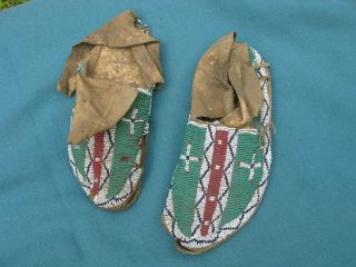 Early Pair Native American Indian Bead Decorated Hide Moccasins Sioux