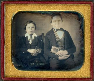 2 Young Men Hold Gold Gilded Leather Dag Cases Daguerreotype