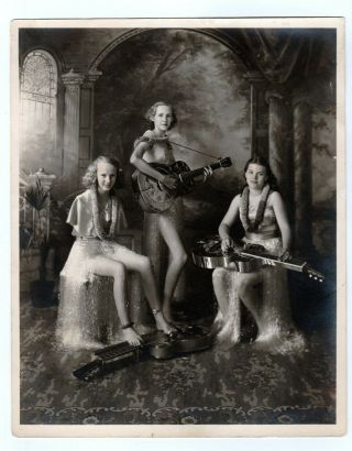 Vintage Photograph Teenage Hula Girls Playing Steel Guitars - Amputee No Arms